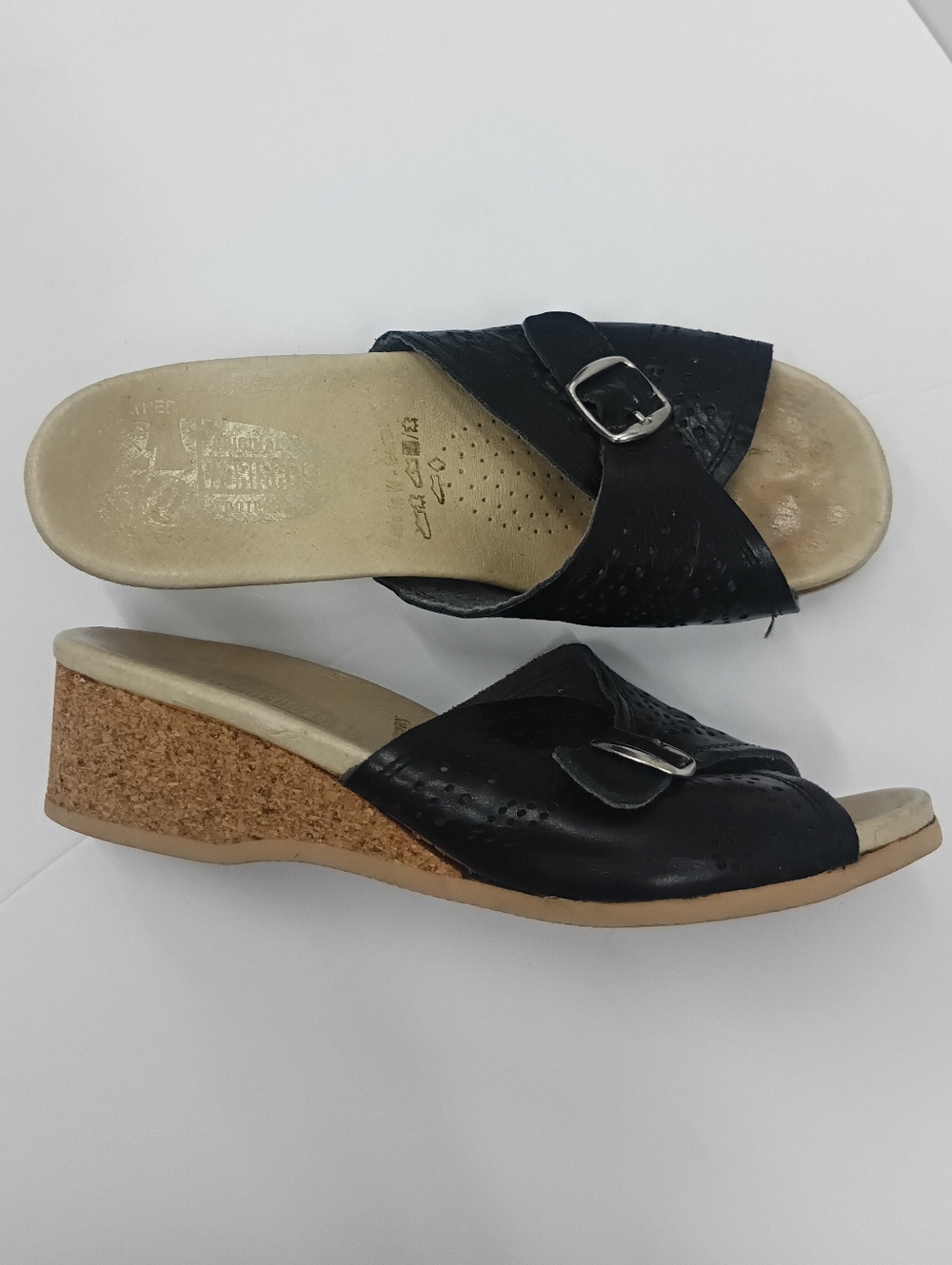 Worishofer Cork Wedge Slide On Comfort Sandals with Buckle Black Size 37